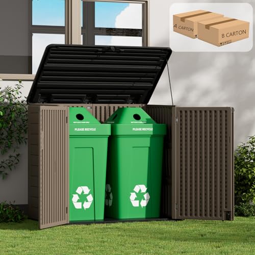 Image of ZZM Large Outdoor Storage Shed, 48 Cu Ft Resin Versatile Storage Cabinet for Patio Accessories, Trash Cans & Garden Tools, Durable Horizontal Storage Box with Lockable Lid (Coffee)