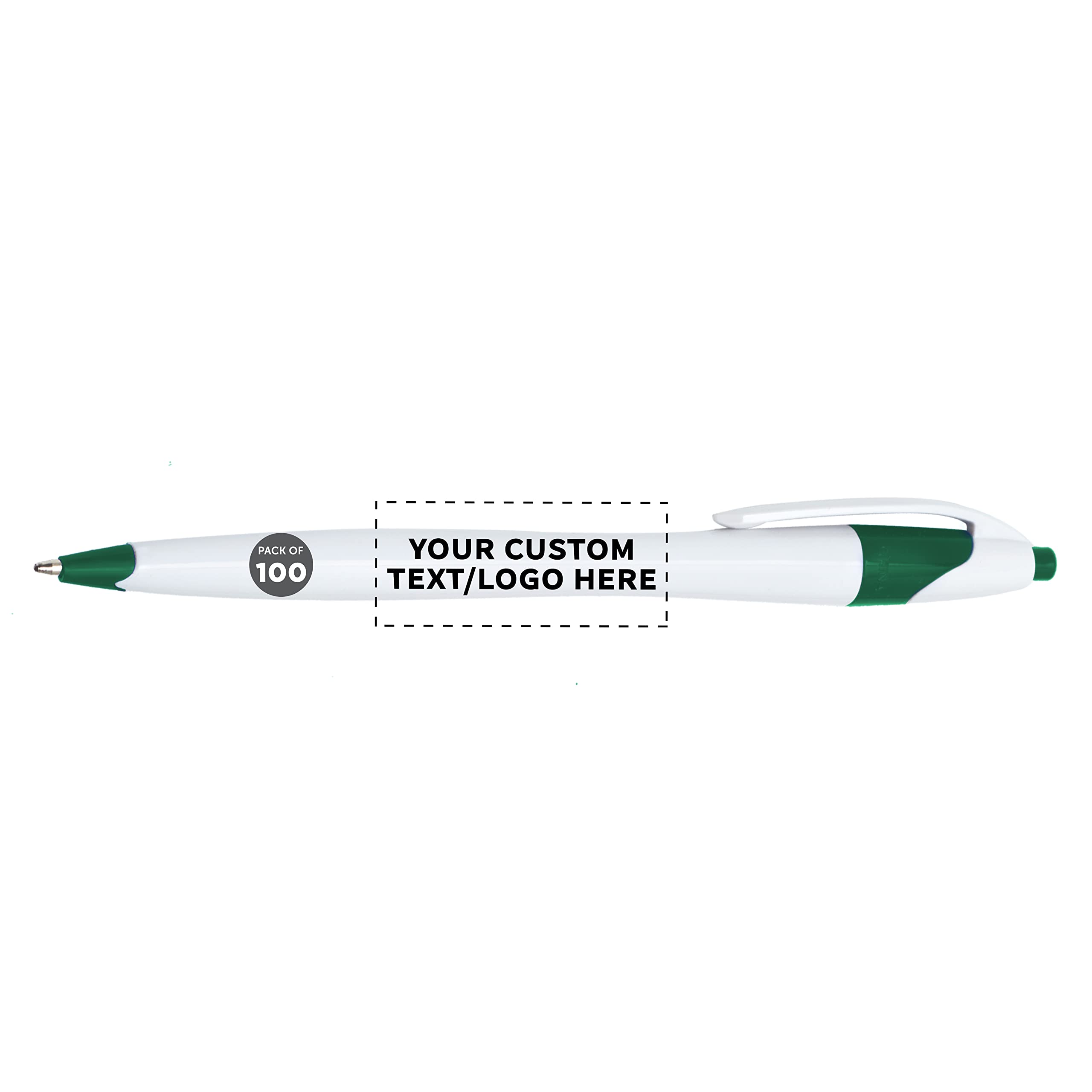 DISCOUNT PROMOS Custom Slim Curvy Ballpoint Pens Set of 100, Personalized Bulk Pack - Black Ink, Retractable, Great for Office, School, Tradeshows - Green