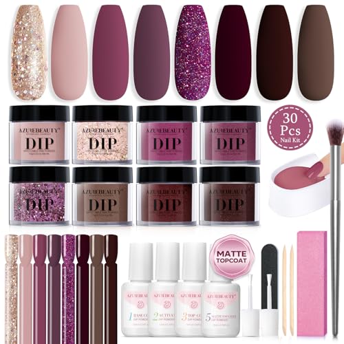 AZUREBEAUTY Dip Powder Nail Kit Starter Glitter Purple Nude Brown