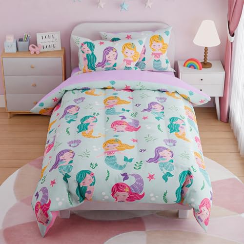 SANDJEST Mermaid Bedding Twin for Girls Ultra Soft Microfiber Comforter Set Twin Size with 3-Pieces Comforters Bed Sets for Kid Children Teen Tween Bedroom Decor
