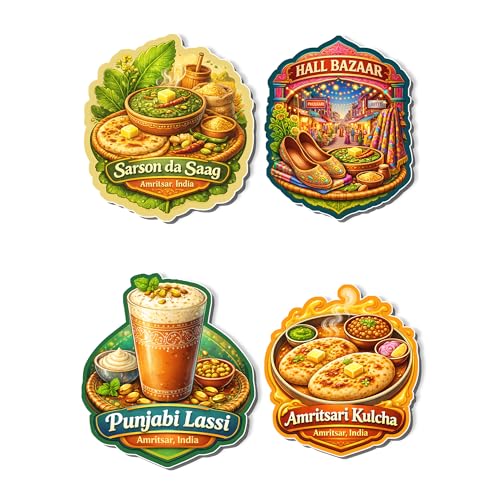 Image of Regalo Casila Amritsar India Tourism Souvenir Fridge Magnets Set of 4 Punjabi Food Sarson Da Saag Punjabi Lassi Amritsari Kulcha Hall Bazaar Refrigerator Magnets Decorative Travel Gift
