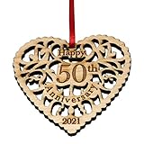 Anniversary Ornament 2021 - Heart Shaped Happy Anniversary Ornament, Beautiful Laser Cut Wood Detail - Comes in a Pretty Organza Gift Bag so It's Ready to give (50th)