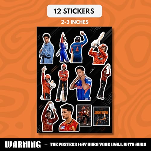 Image of Abhishek Sharma Gift Merchandise | 10 Premium Posters, 13 Stickers, 12 Photocards & 1 Split Poster | Aesthetic Abhishek Sharma Merchandise Gift Set for Cricket Fans | Posters Combo Pack for Room Decor