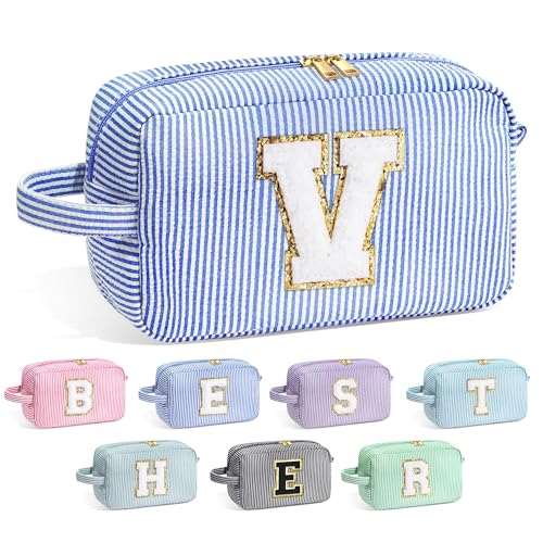 Image of YOOLIFE Initial Makeup Bag for Women - Monogram Cute Makeup Bag Cosmetic Case Toiletry Pouch for Women Her Best Friend Sister Teacher, Personalized Birthday Gifts for Women, Blue V