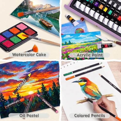 175 Piece Deluxe Art Set with 2 Drawing Pads, Acrylic Paints,Crayons,Colored Pencils,Paint Set in Wooden Case,Professional Art Kit,Art Supplies for Adults,Teens and Artist,Paint Supplies