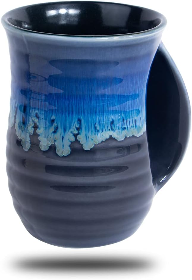 oojdzoo Hand Warmer Coffee Mug - Hand Warming Mug Ceramic 16 Ounce Handmade Pottery Hand Warmer Mug Gift for Christmas(Right Handed,Cobalt/Grey)