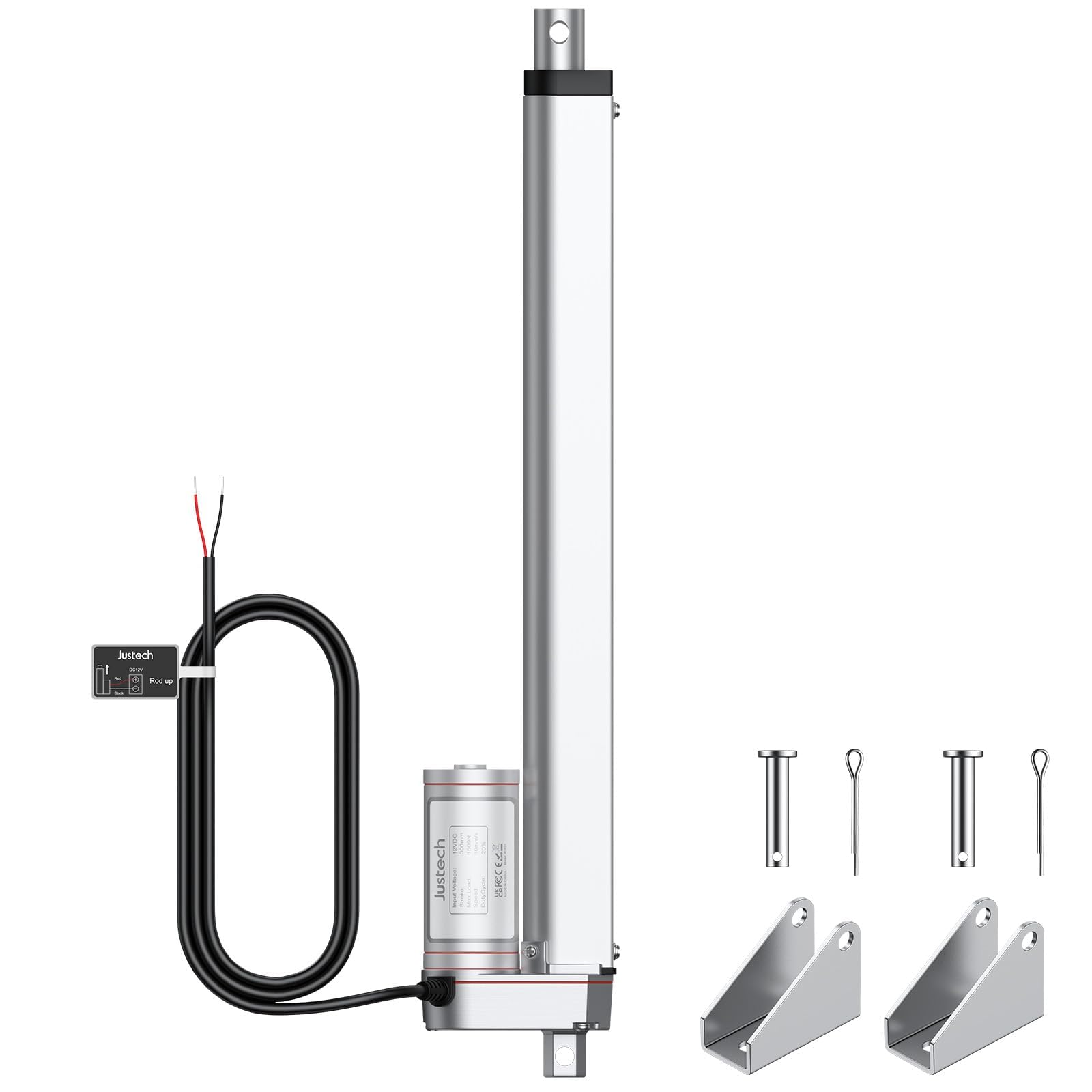 Justech 12V Heavy-Duty Linear Actuator 330LBS/1500N-8inch/200mm Silent IP65 Electric Actuator with Brackets for Electric Windows, RV Adjustments, Solar Trackers, Industrial Machinery (300mm 1500N)