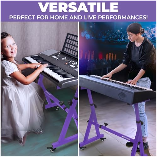 Image of Liquid Stands Keyboard Stand w / Wheels - Z Style Adjustable & Portable Professional Heavy Duty Digital Piano Stand - Fits 54-88 Key Electric Pianos - Sturdy Rolling Musical Keyboard Stand (Purple)
