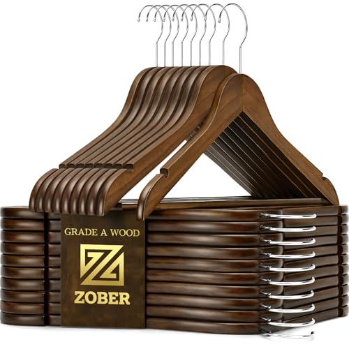 ZOBER Wooden Hangers - Heavy Duty, Non Slip Wood Hangers for Coats, Jackets, Suits, & Pants - Coat Hangers for Closet W/Bar and Notches 20 Pack
