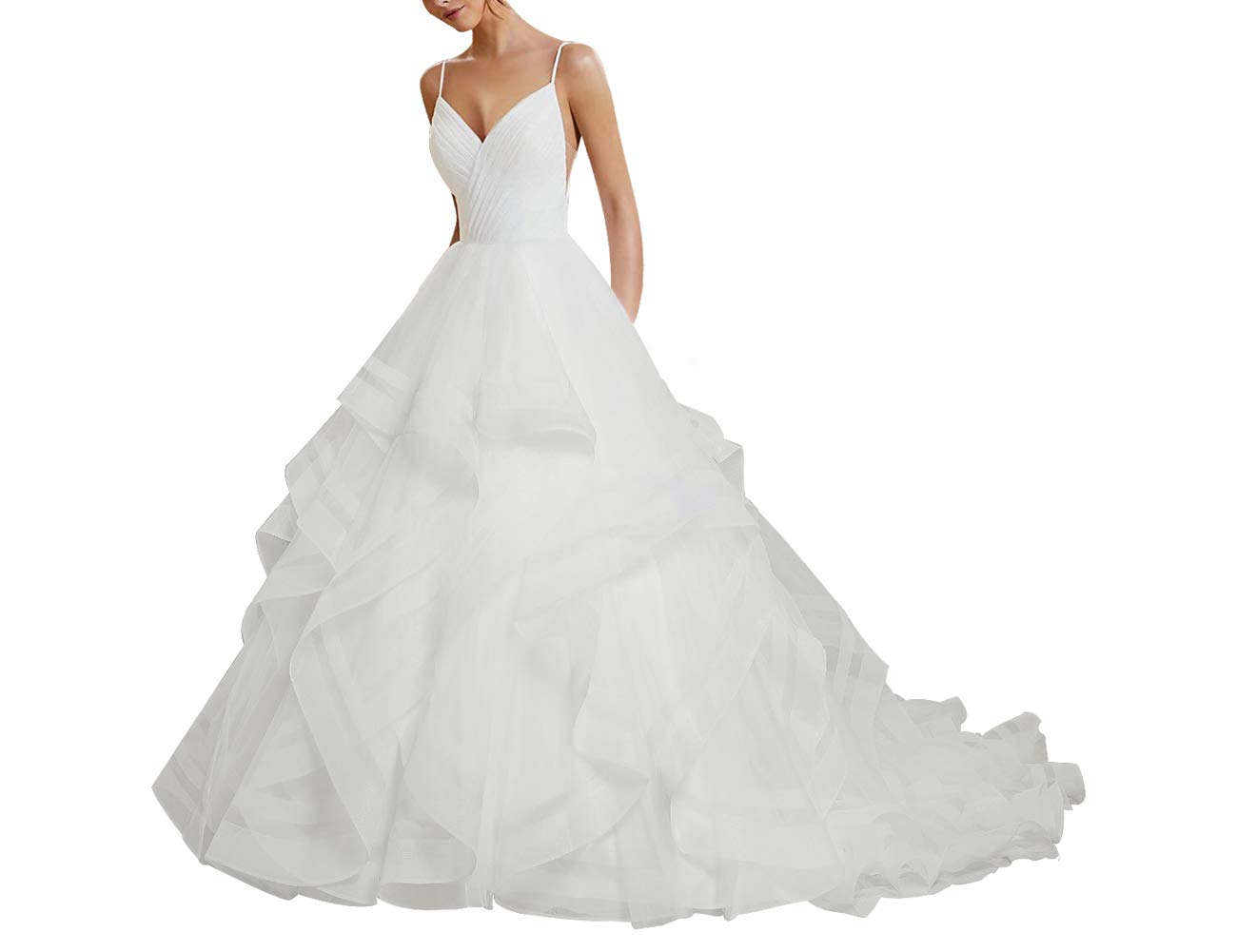 Robes de Mariée Tulle Robes de Mariée Mode Robe de Bal a - Ligne Robe de Soirée v - Neck, Blanc, 48 Grande Taille