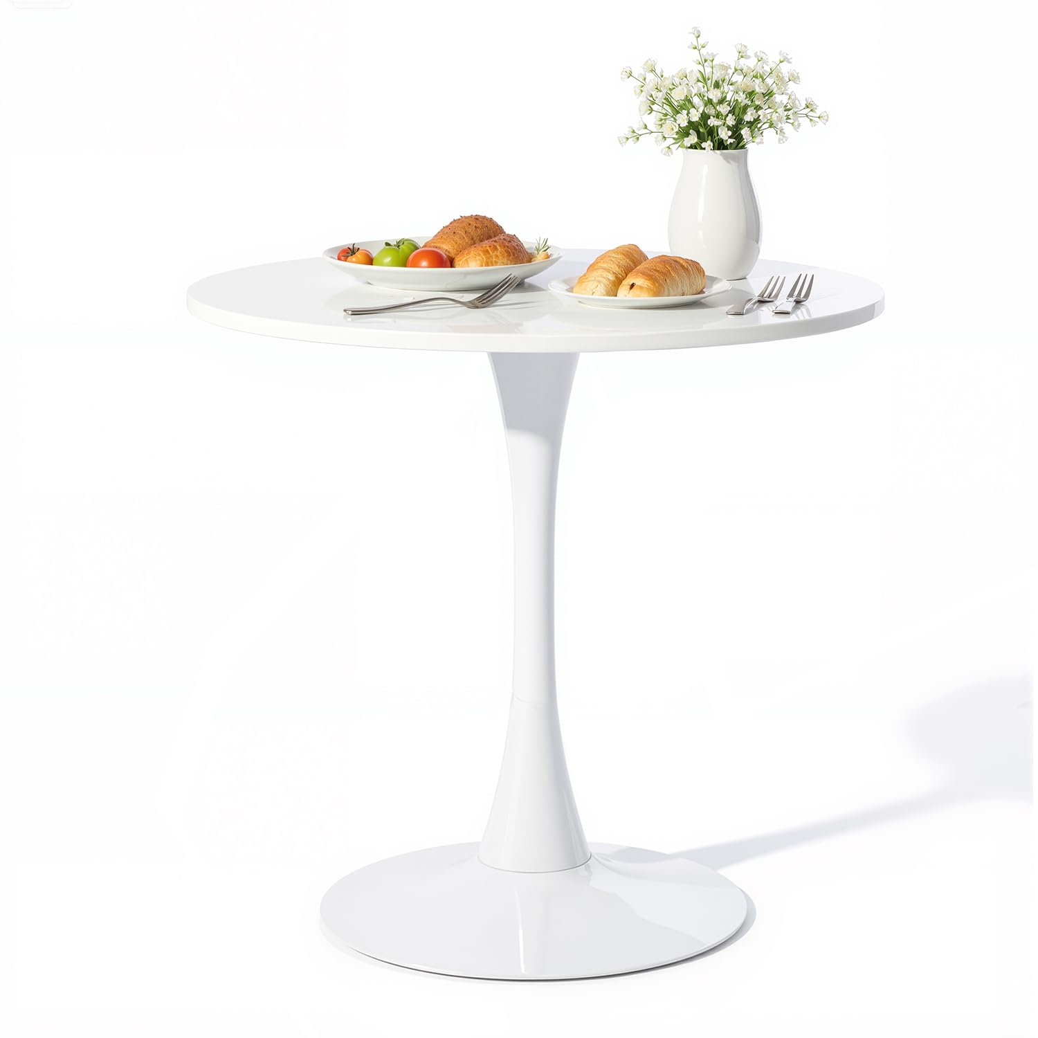 Meuble Cosy Table à Manger Ronde pour 2-4 Personnes, Table de Cuisine Scandinave avec Pieds en Forma de Trompeta, Blanc, 80x80x75cm