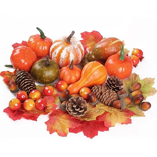 WD&CD 96Pcs Autumn Decorations Pumpkins Set Halloween Decorations Artificial Mini Pumpkins Fake Maple Leaves Pumpkins Acorns Gourds Pomegranate for Thanksgiving Day Fall Home Party Decor