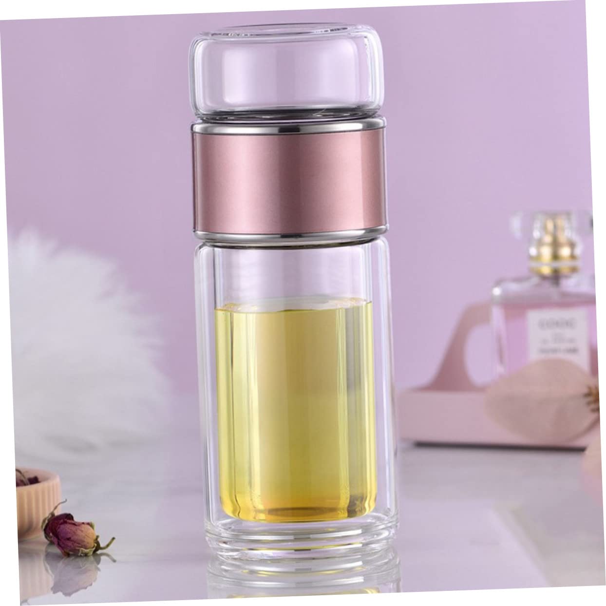 COLLBATH Tragbare Teetasse mit Teesieb und Deckel, 250ml Glas, Roségold