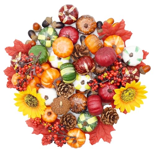 Yiomxhi 68 Pièces Citrouilles Décoration d'automne avec Citrouilles Artificielles, Glands, Feuilles d'érable, Pommes Pin, Tournesol, Baies, Récolte Maison Table Deco pour Halloween Thanksgiving