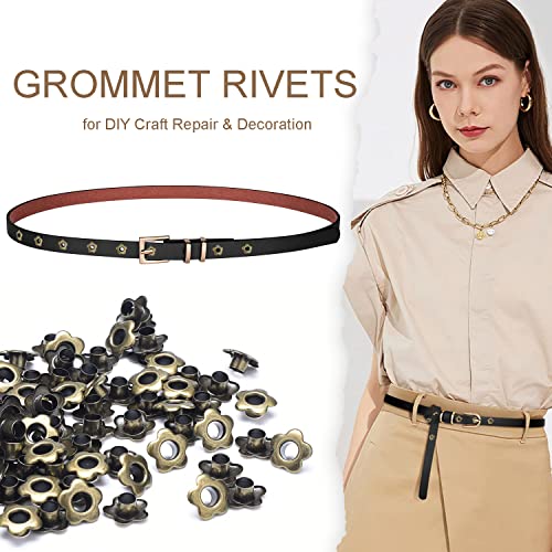 200Pack Flower Eyelet Grommets, 5mm Metal Eyelets for Fabric Clothing, Shoe Eyelets, Belt, Bags, Bookmarks, Paper, Scrapbooking, Card Making and Other Leather Crafts (Antique Brass) - Thumbnail 3
