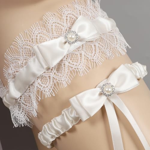 Image of Lace Wedding Garters for Bride with Pearl Party Prom Leg Garter Belt