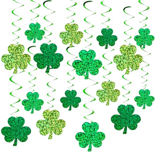 FYSUIMU 36 Pcs St. Patrick's Day Holographic Hanging Swirls Foil Sparkly Gradient Green Shamrock Clover Ceiling Spiral Streamers for Irish Party Home Wall Decor Supplies Ornaments