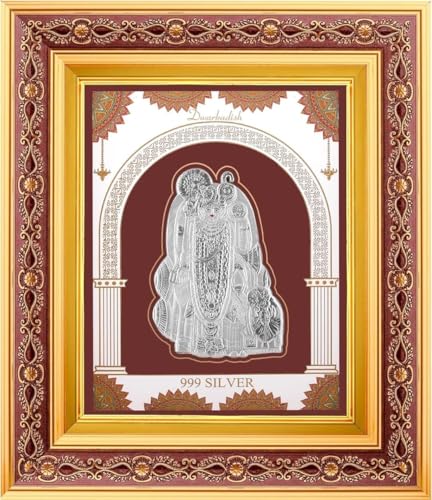 Image of 999Pure Silver Dwarkadhish Frame | Divine Home Decor | Wall Mount Square Photo for Gift, Wooden PhotoFrame for Temple & OfficeDecor, SilverGift Items | hangingframe (10.50 inch x 9 inch Inch)