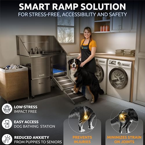 Image of KANIS Professional Dog Washing Station 304 Stainless Steel Pet Wash Sink & Grooming Bathtub w /Shower, Floor Grates and Storage for Large, Medium & Small Pets (Silver, 40 Inches, Right Ramp, 1 Drawer)
