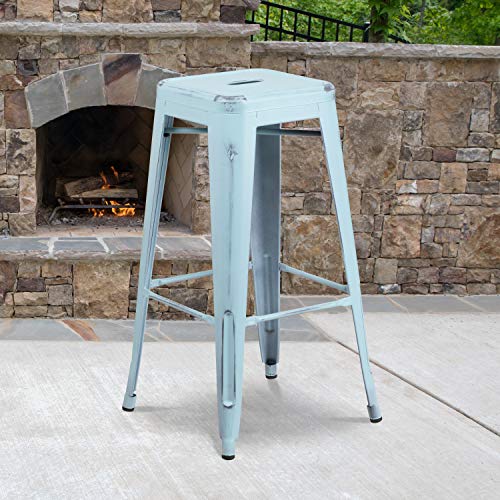 Flash Furniture Commercial Grade 30" High Backless Distressed Green-Blue Metal Indoor-Outdoor Barstool #TOP1