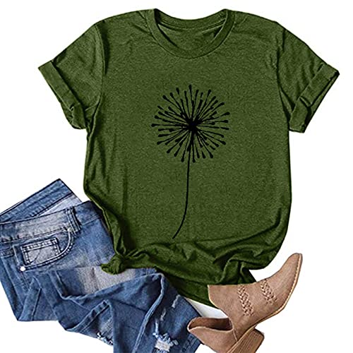 OutTop Women Tops Summer Casual Short Sleeve Sunflower Graphic Tees Workout Shirts Blouses Womens Crewneck Tshirts (D-Army Green, XXL)