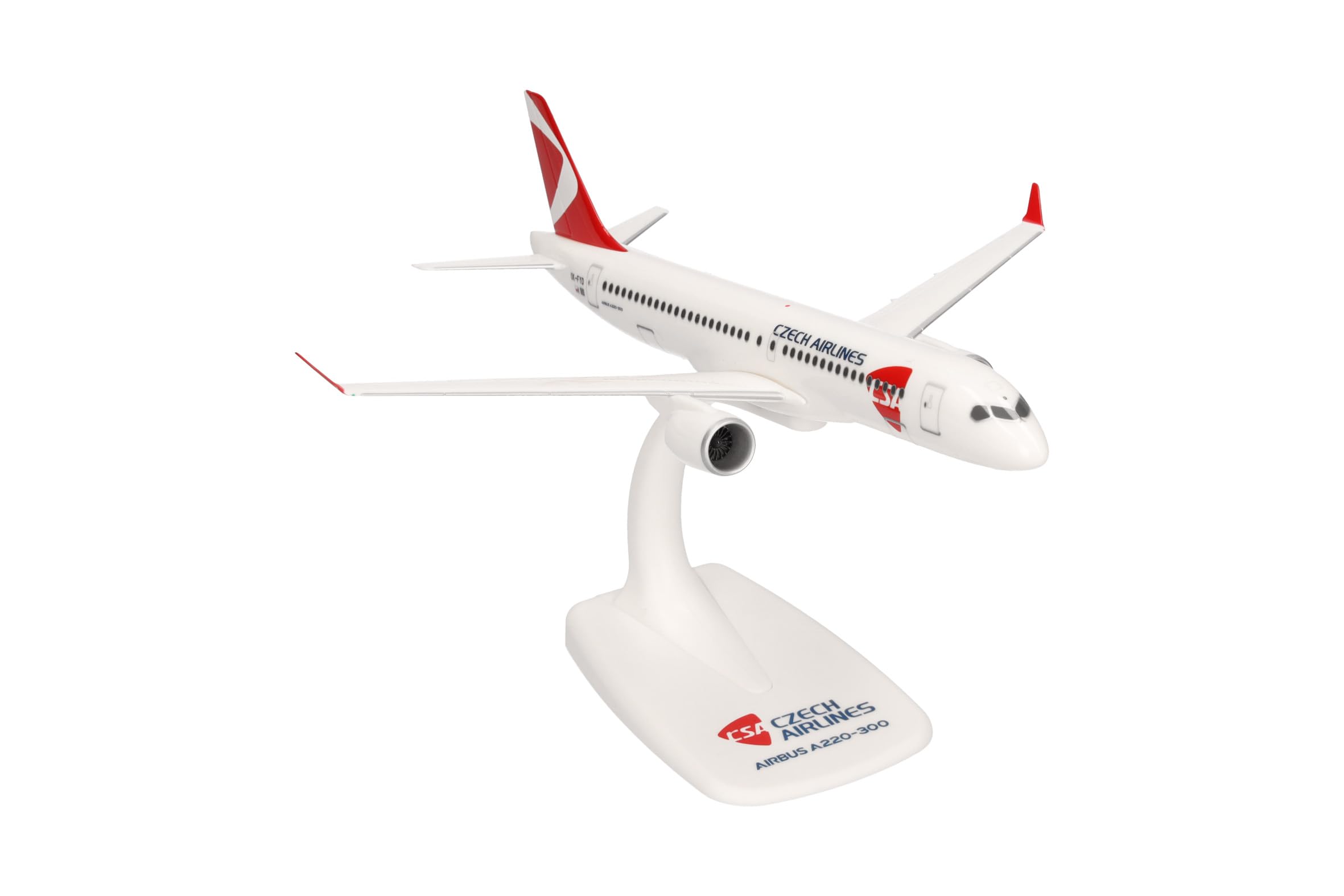 Herpa Snap-Fit Modellflugzeug CSA Czech Airlines Airbus A220-300, Miniatur im Maßstab 1:200, Sammlerstück, Modell mit Standfuß, Kunststoff, Weiß