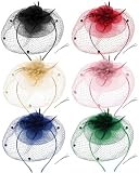 JaGely 6 Pcs Fascinators Hat Tea Party Headwear Mesh Ribbons Feather on a Headband and a Clip Flower Hat for Girl Women(Retro Style,Retro Colors)