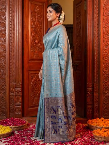 Image of AKHILAM Women's Kanjivaram Pure Soft Silk Saree For Women Saree With Unstitched Blouse Piece |Soft banarasi saree for women|silk saree pure silk