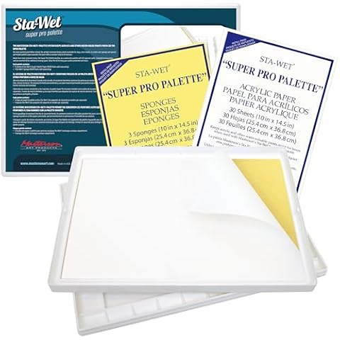 Masterson Sta-Wet Paint Palette, Super Pro Bundled Set 11.5x15.5 in Wet Palette with 32 Well Watercolor Palette, 30 Sta-Wet Acrylic Paper Sheets and 3 Sta-Wet Sponges, Keeps Wet Paint Fresh for Days Cover