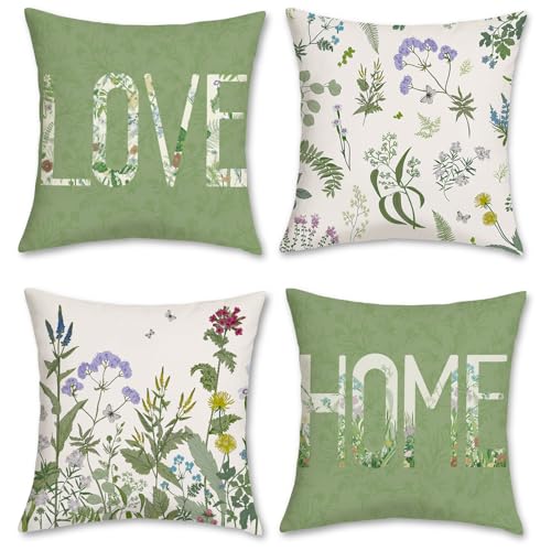 COZZSNUGE Garden Floral Cushion Covers Spring Flower Leaves Plant Outdoor Green Velvety Decorative Pillowcases for Sofa Bed Home Patio 45 x 45 cm Set of 4