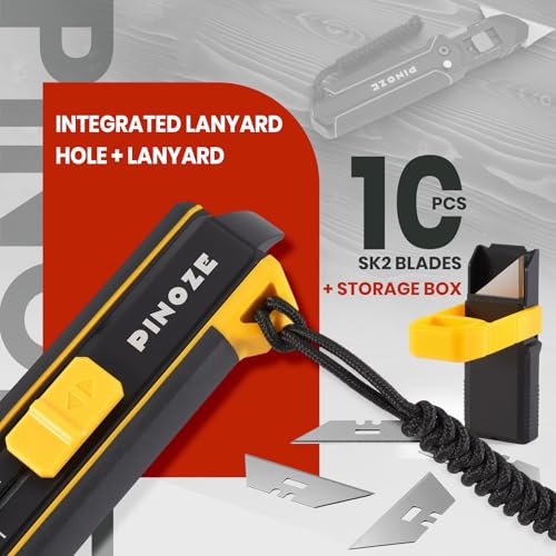 Image of PINOZE Utility Knife Scraper, 3-in-1 Retractable Box Cutter with Lanyard & Blade Storage, Heavy Duty Zinc Alloy Multi-functional Knife with 10pcs SK2 Blades, EDC Tool for Home, Office, DIY