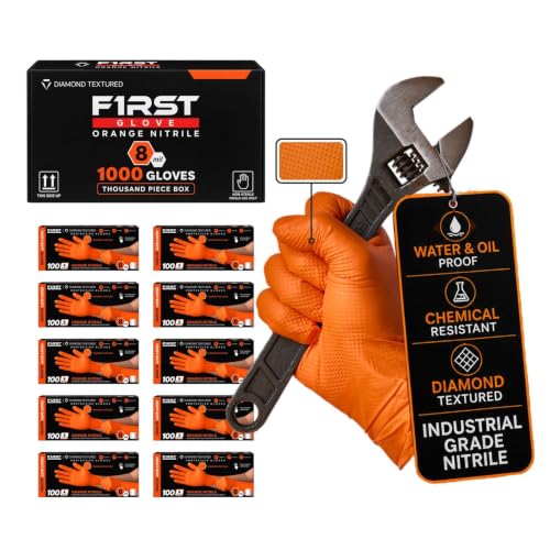 First Glove 8 Mil Heavy Duty Orange Nitrile Gloves - 100 Count X-Large - Raised Diamond Textured Grip - Industrial Disposable Gloves for Automotive, Mechanic & Work - Latex Free & Powder Free
