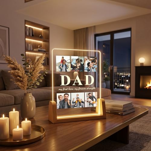 Image of Giftplease Rectangular Acrylic Wood Tabletop Photo Frame for Fathers Day | Custom Picture Layout Warm Led Light Base Desktop Night Decor Standee for Papa Dad Husband Stepdad Grandfather