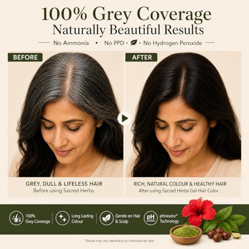 Image of SACRED HERBS Natural Gel Hair Color, Premium Pack | India's 1st pH Neutral Formula | Ammonia, PPD & Paraben Free | 20+ Herbal Actives, 100% Grey Coverage | Conditioning & Damage Free, For Women ( Natural Black 1.00 ) 240ml + 20gm