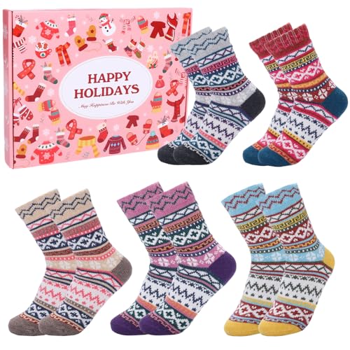 Alaiyaky Fluffy Socks Women 5 Pair Fuzzy Stockings Stripes Xmas Socks Colorful Stockings Fluffy with Exquisite Box Christmas Decorations Xmas Gifts for Mum Wife (Style A F)