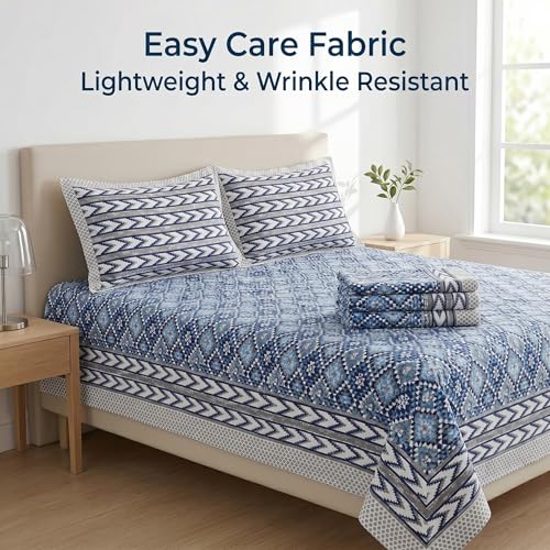 Image of Mafatlal 144 TC Heritage Jaipuri Double Bed Cotton Bedsheet Queen Size 90x108, 100% Pure Cotton Bed Sheet with 2 Pillow Covers, Royal Heritage | Prussian Blue