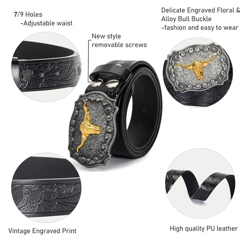 Western Cowboy-Belts for Men Big-Buckle Longhorn-Bull PU-Leather Rodeo Cowgirl-Belt Engraved Floral - Waist 25-38"2