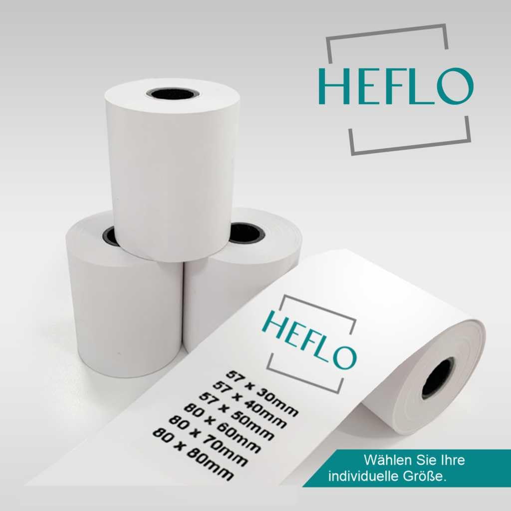 100 HEFLO 57mm X 30mm, 9m lang, BPA frei, SEPA Text, 48 g Thermopapier Kassenrollen, z. B. für SumUp 3G, Bixolon SPP-R210, Worldline YOXIMO u.v.a.