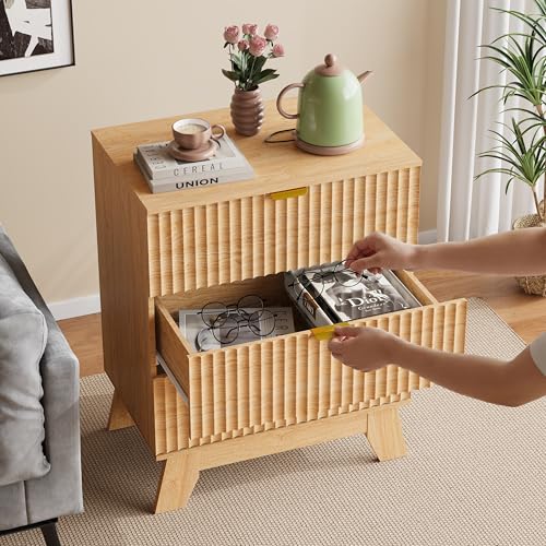 Image of Fluted Nightstand with 3 Large Drawers, Wooden Side End Table with Elevated Legs for Easy Cleaning, Sturdy Modern Beside Table for Small Space, Bedroom, Oak, 24 inch L