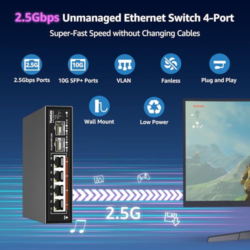 Image of 6 Port 2.5G Umanaged Ethernet Switch, 4 x 2.5G Base-T Ports, 2 x 10G SFP, Compatible with 100 /1000 /2500Mbps, Metal Fanless, Desktop /Wall Mount YuanLey 2.5Gbe Network Switch for Wireless AP, NAS, PC