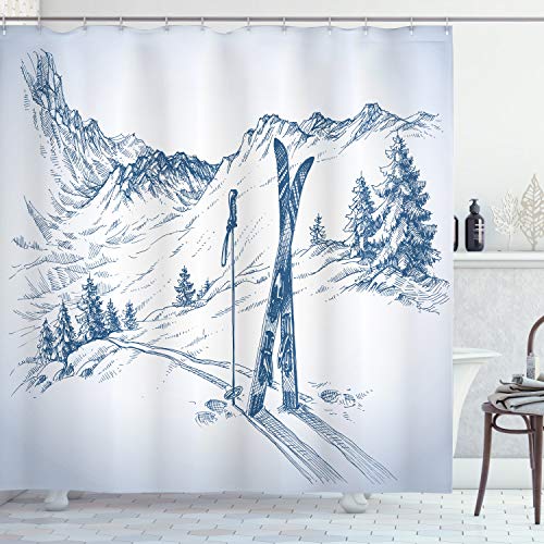 ABAKUHAUS Hiver Rideau de Douche, Paysage de Montagnes enneigées, Tissu Ensemble de Décor de Salle de Bain avec Crochets, 175 cm x 180 cm, Sombre Essence Bleu Blanc