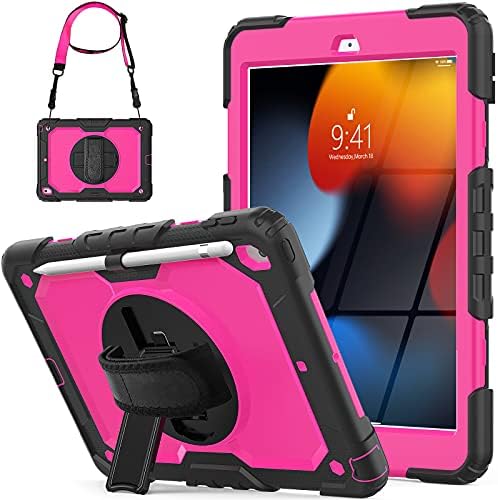 SEYMCY Kids Case for iPad 10.2 inch 9th 8th 7th Generation 2021/2020/2019, Shockproof with [Rotating Hand Strap Stand][Screen Protector][Pencil Holder] Hard Cover for iPad 9th/8th Gen, Black/Green