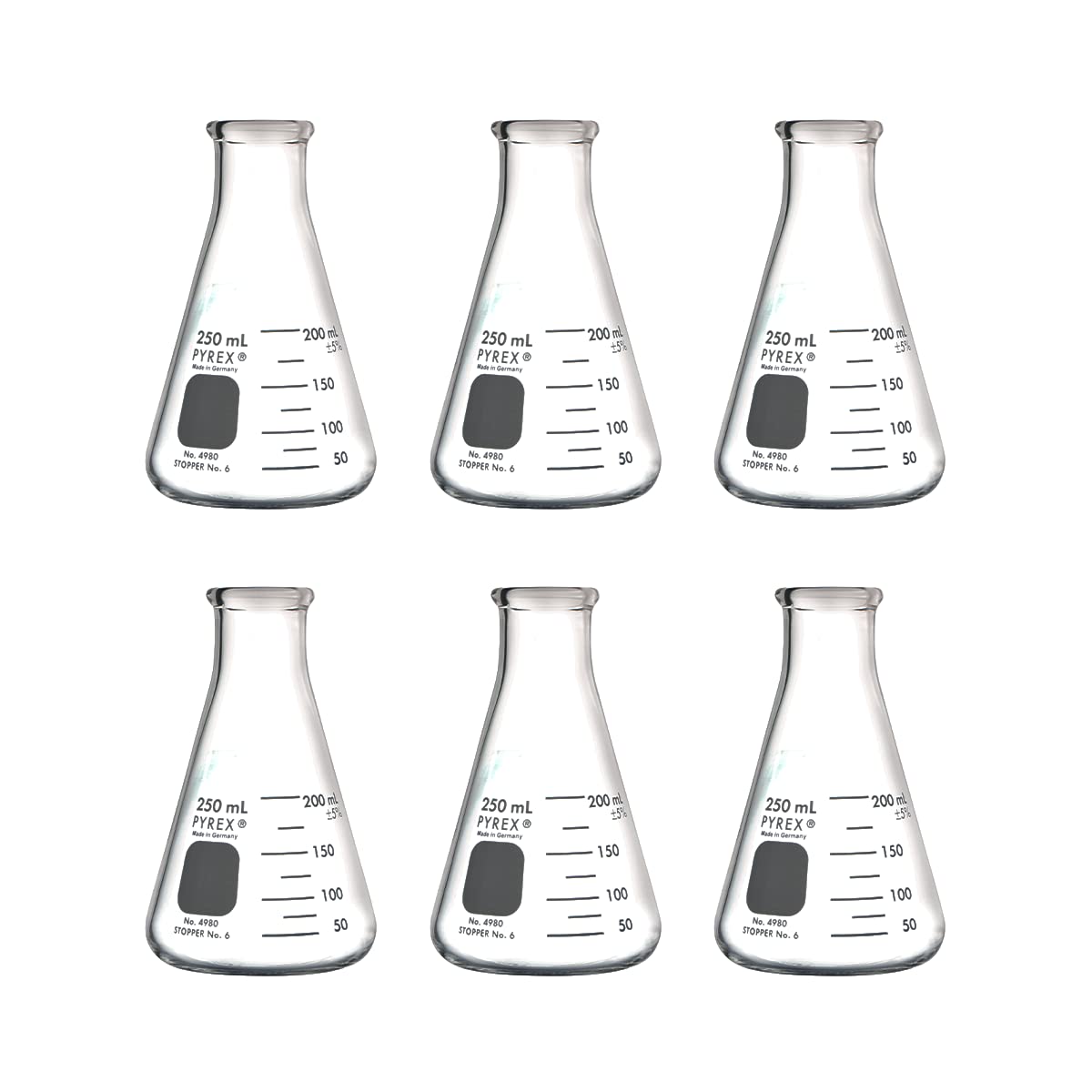 PYREX Petaca Erlenmeyer de boca estrecha con borde resistente, frasco de vidrio borosilicato, frasco de cristal premium para laboratorio, aula o uso en el hogar, 250 ml, paquete de 6