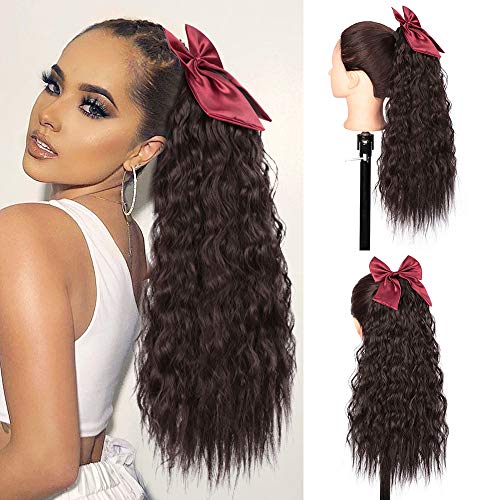 Isaic Bow Ponytail Extensions Long Curly Wavy Ponytail with Bowknot Wrap Around Synthetic Hairpiece for Girls Women Heat Resistant 20 Inch (4#)