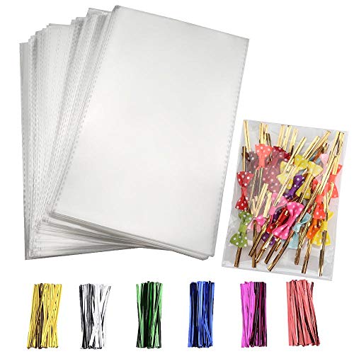 200 Clear Cupcake Lollipop Candy Treat Plastic Bags with Twist Ties 6 Mix Colors and Bow Ties - OPP Poly Bags for Birthday Party Favor Cookie Pretzel ICY Popsicle(3