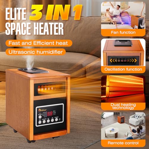 Image of DR. INFRARED HEATER DR-998, 1500W Dual Heating Infrared Space Heater with Humidifier, Oscillation, Remote Control, Thermostat & Safety Protection, Portable with Wheels, Energy Efficient, Cherry