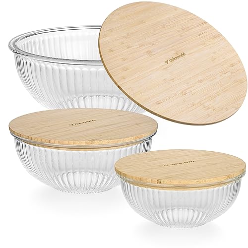 dokaworld Stackable Space-Saving Nesting Set of 3 Glass Bowls with Bamboo Lids for Foodprep, Storage, Mixing & Cooking - Microwave & Oven Safe BPA Free Durable Heat Resistant Inert Borosilicate Glass by dokaworld - Used condition - US$40.63