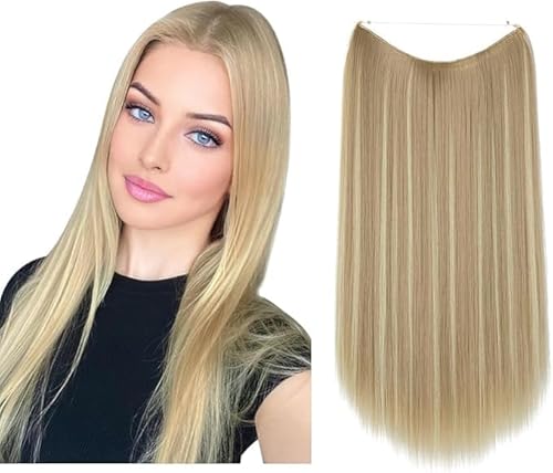 Short Invisible Wire Hair Extensions Blonde Straight Synthetic Hairpieces 14 inch Adjustable Transparent Headband for Women No Clip