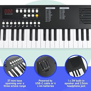 Axus 37 Mini Portable Keyboard in Midnight Black - Fun Electric Piano for Beginners, USB-C or Battery Power