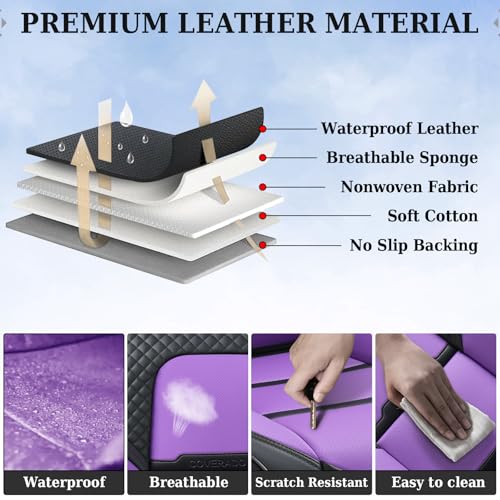 Image of Coverado Car Seat Covers Full Set, 5 Piece Car Seat Protector with Removable Headrest, Nappa Leather Breathable Front Rear Seat Cushion Side All Wrapped Universal Fit Truck Most Cars Purple